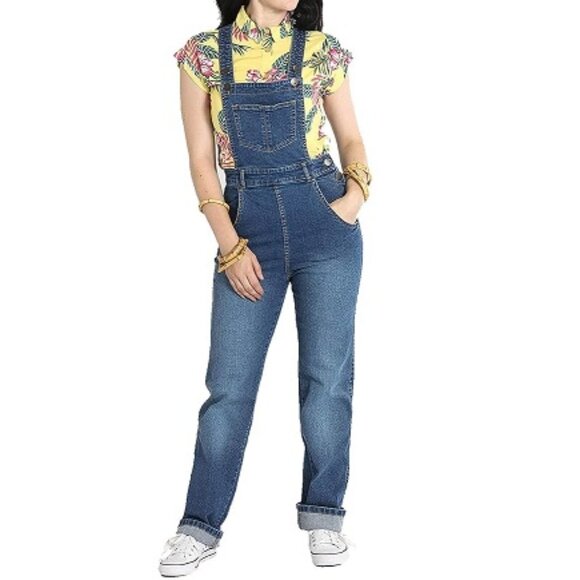 Hell Bunny Betty Bee Denim Overalls S NEW Medium Blue Denim Jeans 40s 50s Retro - Picture 1 of 7
